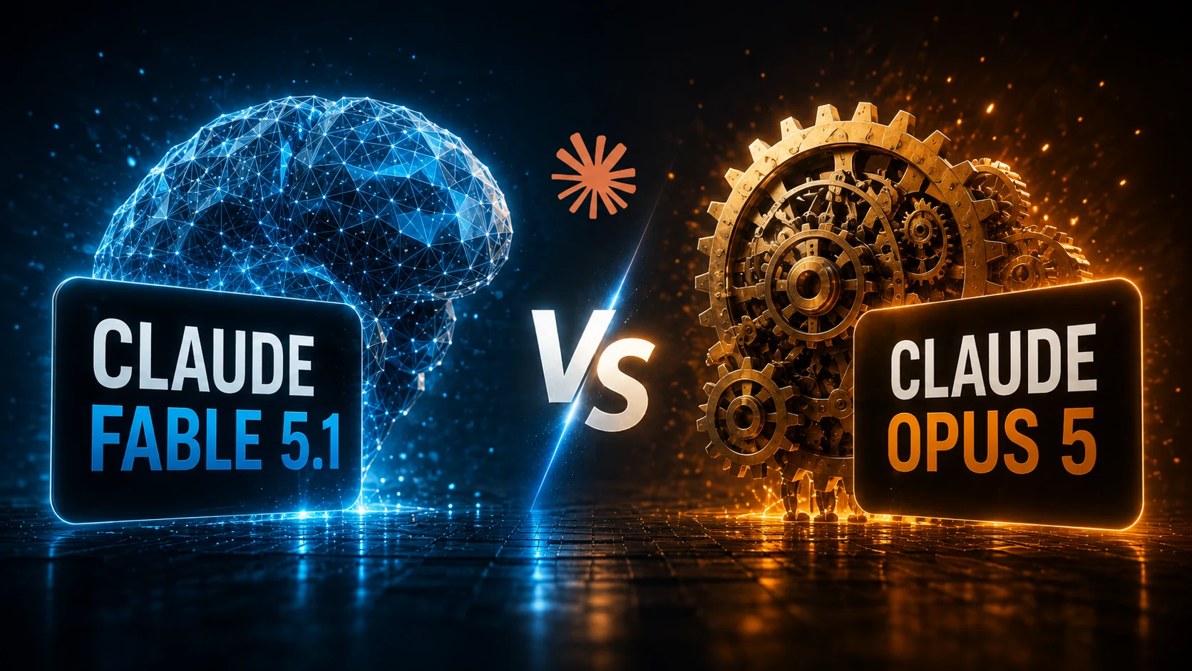 Claude Fable 5.1 and Claude Opus 5 compared as blue digital and amber mechanical intelligence beneath the Claude logo.