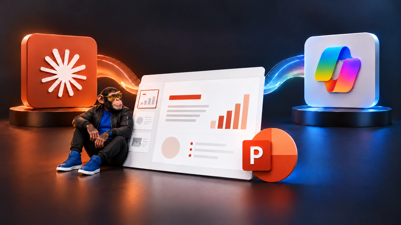 AI-generated editorial illustration of Claude’s add-in and Claude within Microsoft Copilot as two routes into one PowerPoint deck, with Choosely Chimp seated naturally beside the deck. A conceptual illustration, not a product screenshot.