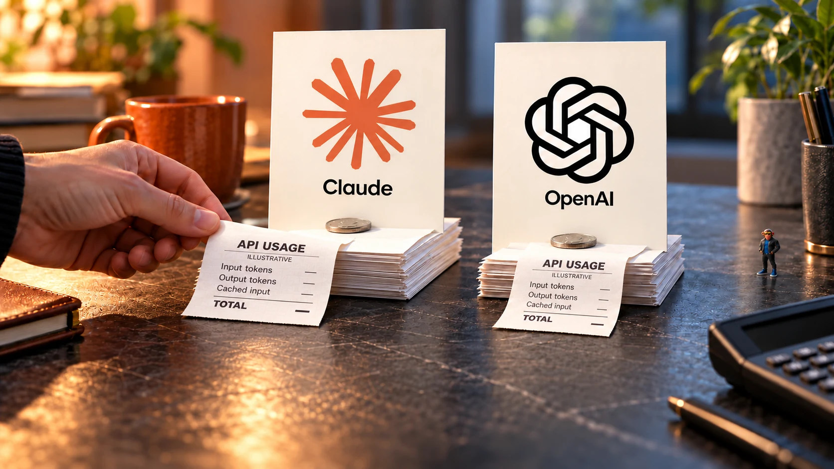 Claude and OpenAI logo cards on a desk with matching short illustrative API usage receipts, equal coins and similar paper stacks, plus a small Choosely Chimp cameo.