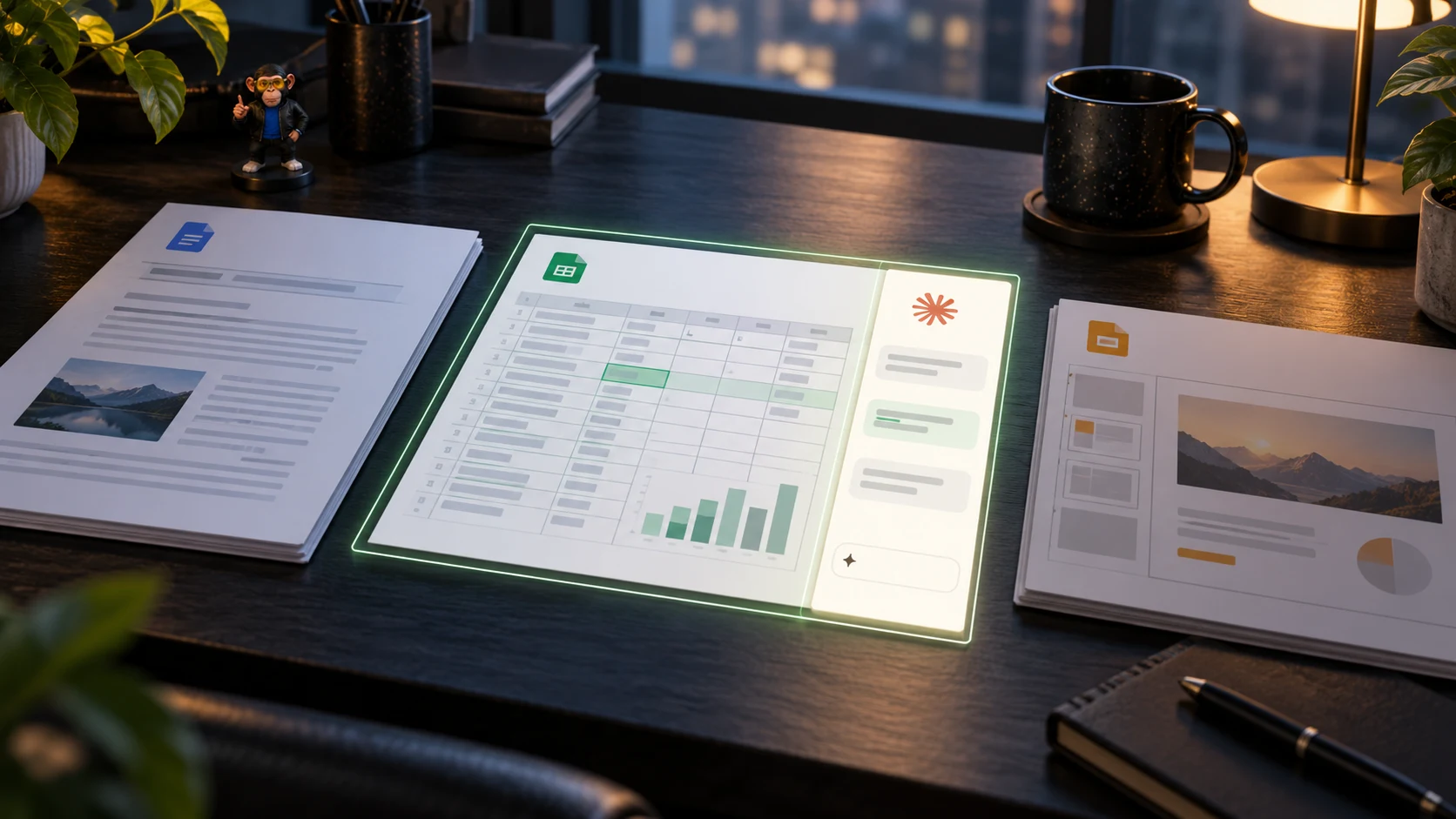 Editorial illustration of a document, an active spreadsheet with an assistant strip, and a presentation deck arranged on a dark desk.