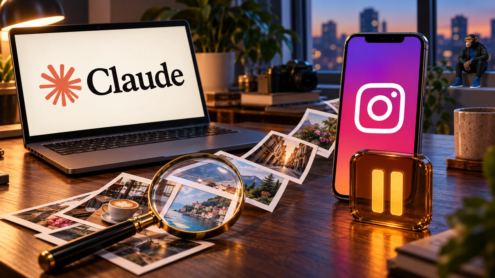AI-generated editorial illustration of a Claude-branded laptop, an Instagram-branded phone, photographs under a magnifying glass, and a separate amber pause symbol, with a small Choosely Chimp cameo. A metaphor for reading and interrupted access, not a product screenshot or incident reconstruction.