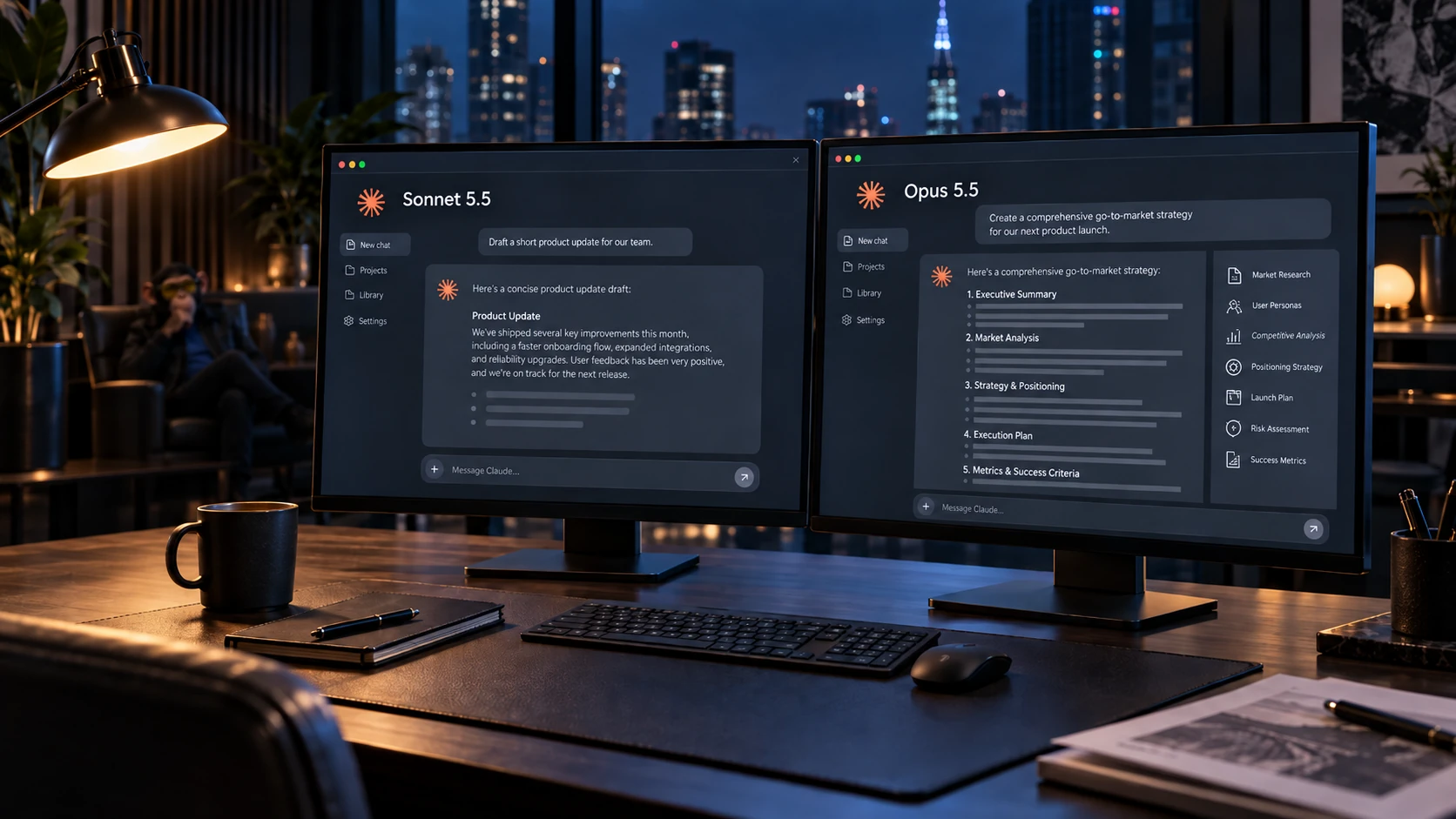 Two monitors on a premium nighttime workstation show Claude Sonnet 5.5 and Claude Opus 5.5 side by side, with Choosely Chimp subtly seated in the background.
