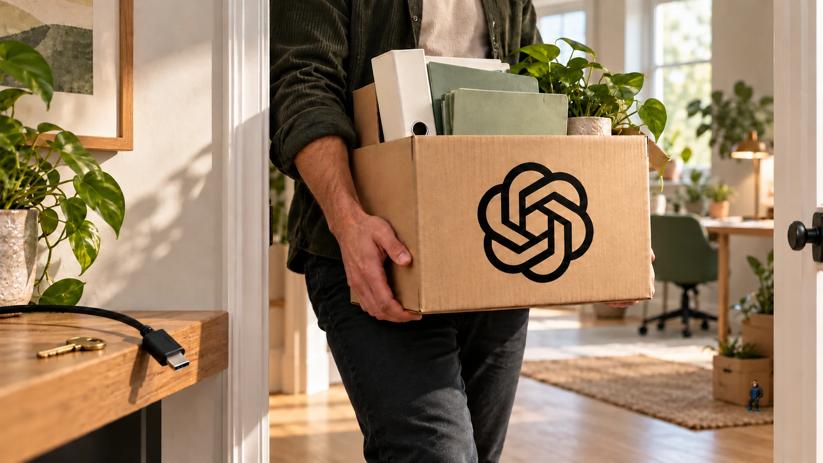 A person carries a moving box bearing the ChatGPT logo and containing folders and a binder, while an unplugged cable and access key remain on a shelf; a tiny Choosely Chimp stands in the background.