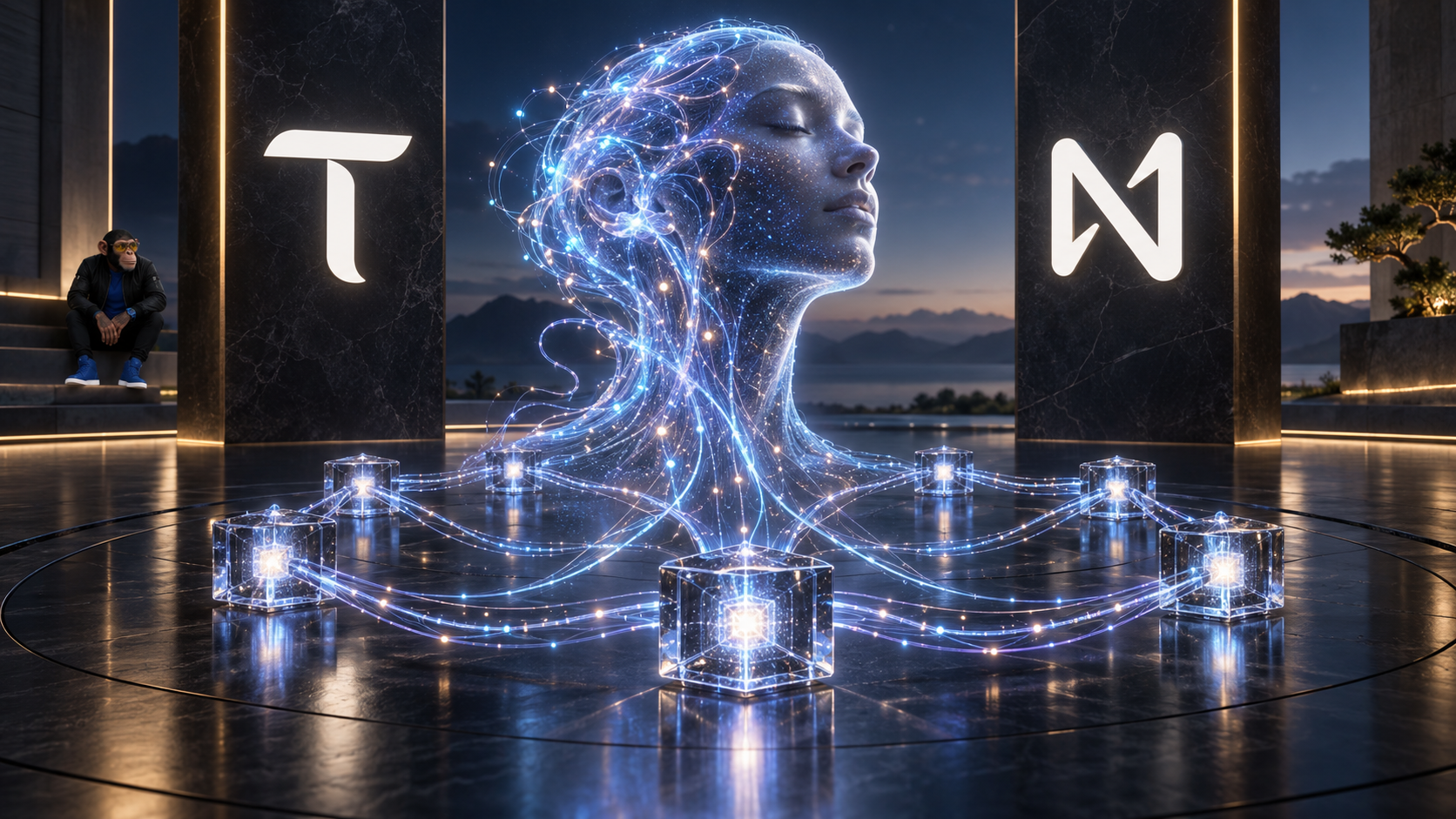 A luminous representation of AI connected to a distributed blockchain network, framed by the Bittensor TAO and NEAR logos, with the Choosely Chimp in the background.