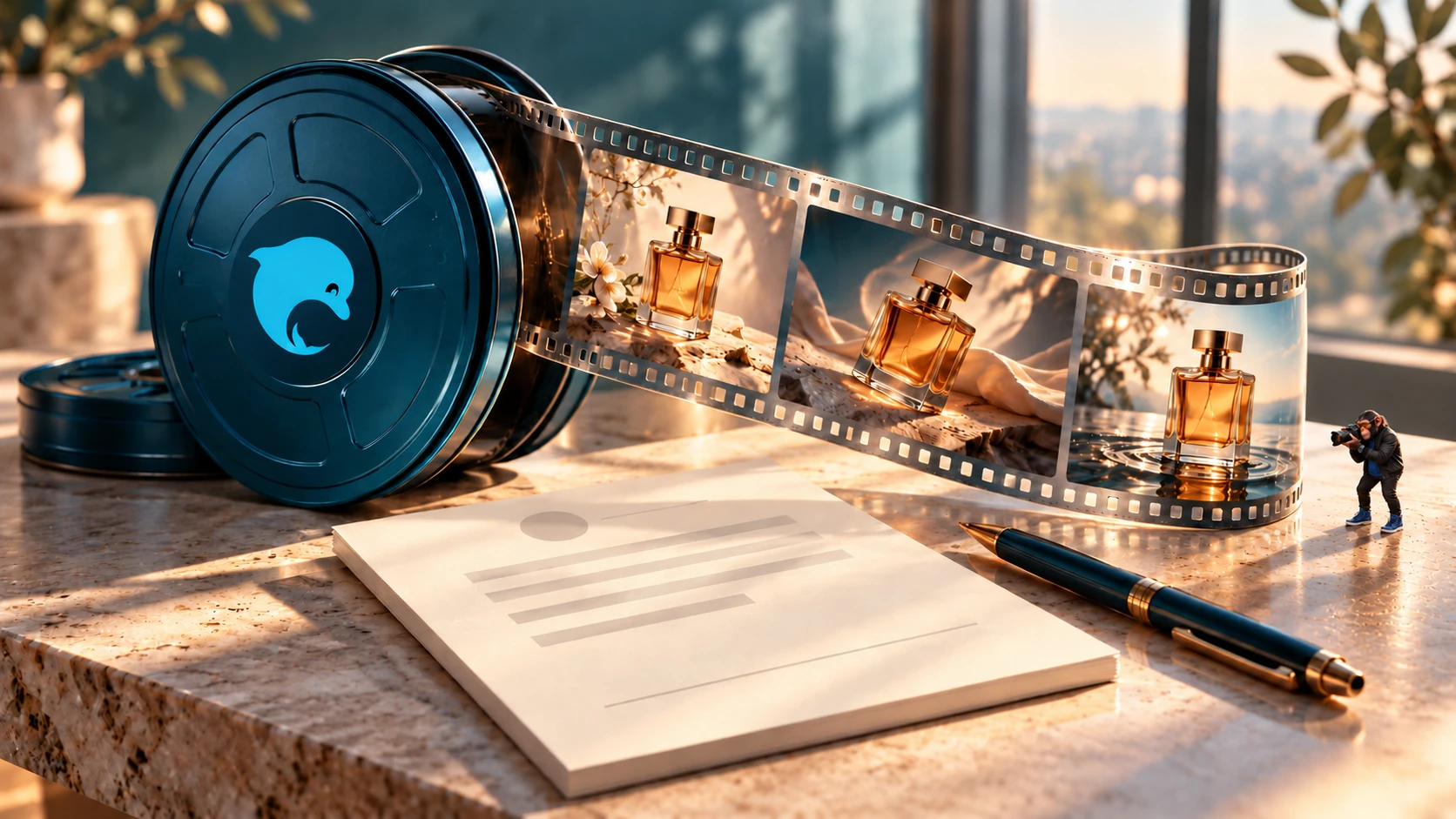 AI-generated editorial illustration of a Dolphin-branded film reel, three imagined product-ad frames, an unsigned generic clearance card and a miniature Choosely Chimp photographing the scene on the right. A metaphor for checking commercial permissions, not Dolphin-generated output or an actual contract.