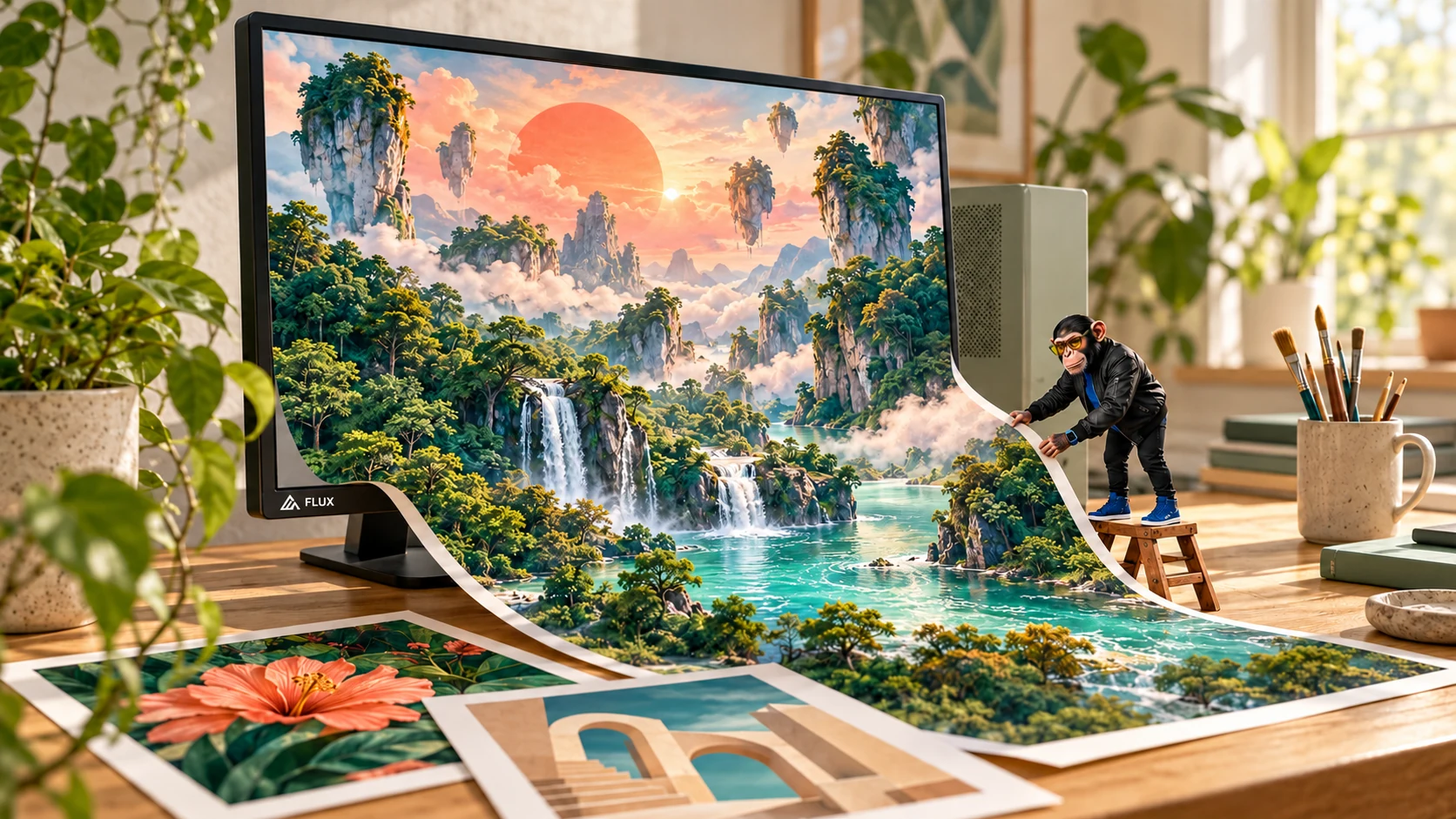 AI-generated editorial illustration of a forest image flowing from a FLUX-branded monitor onto an oak desk, with the Choosely Chimp on a small stepladder arranging the print. A metaphor for bringing image generation onto your own computer, not a real product interface.
