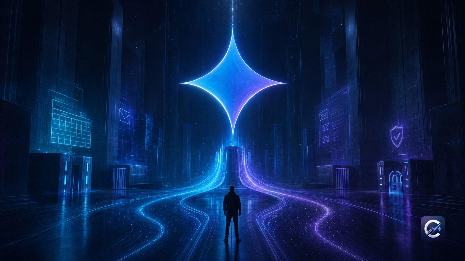 A monumental Gemini symbol above two luminous model-routing paths in a dark Choosely technology chamber
