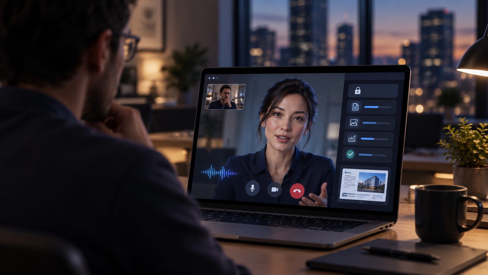 Person using a laptop to speak with a lifelike AI avatar during a live business video call.