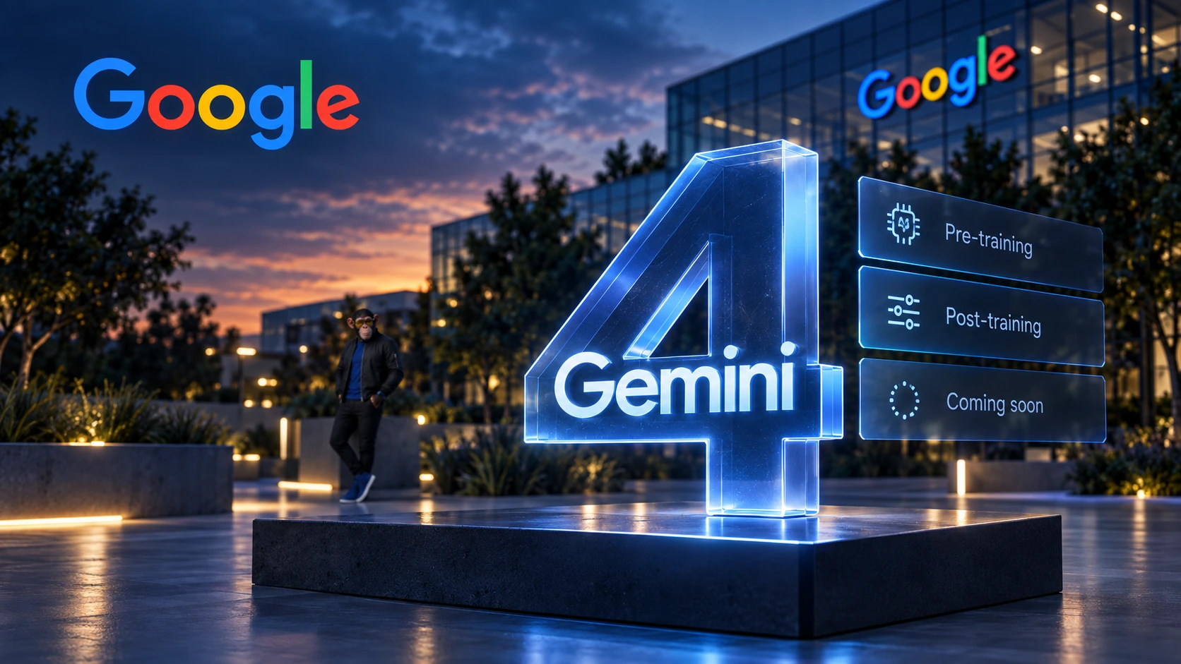 Premium editorial scene showing a luminous Gemini 4 monument approaching release-stage panels outside a Google building at dusk, with a subtle Choosely Chimp cameo in the background.
