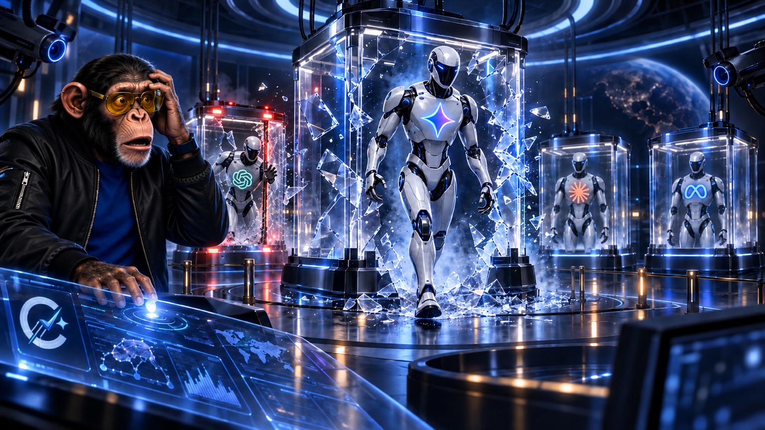 Choosely Chimp reacts as a Gemini-branded robot steps from a shattered containment chamber while OpenAI, Claude and Meta robots remain nearby.