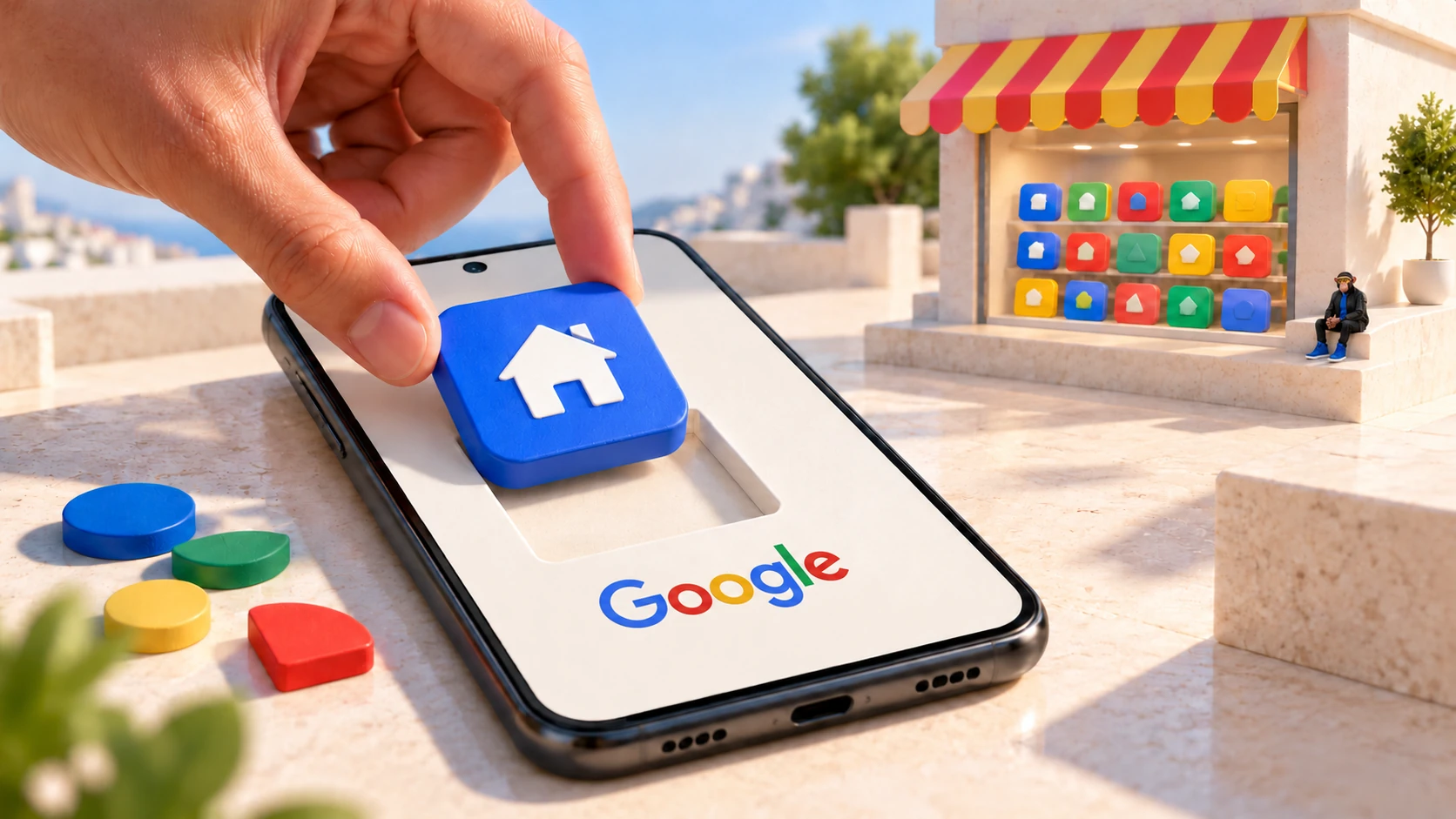 AI-generated editorial illustration of a hand fitting a blue home-shaped app tile into a phone bearing the Google wordmark, with a separate miniature app storefront and a small Choosely Chimp cameo. A metaphor for personal use versus public distribution, not a real product interface.