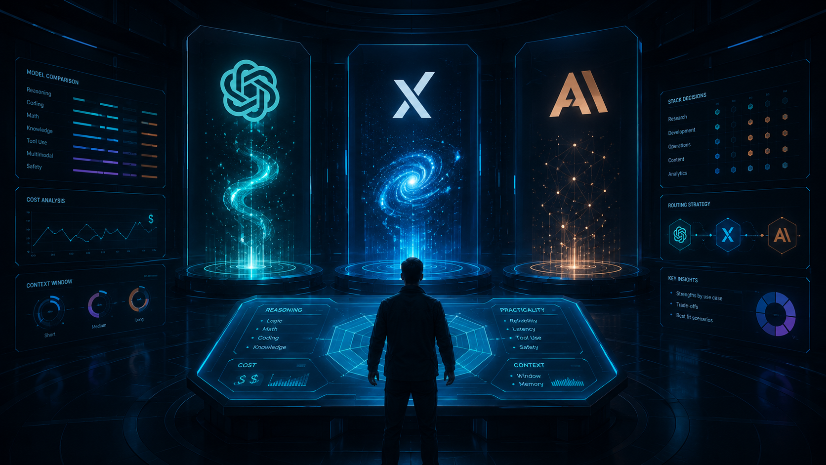 Editorial illustration comparing ChatGPT, Grok and Claude models inside a futuristic AI decision room