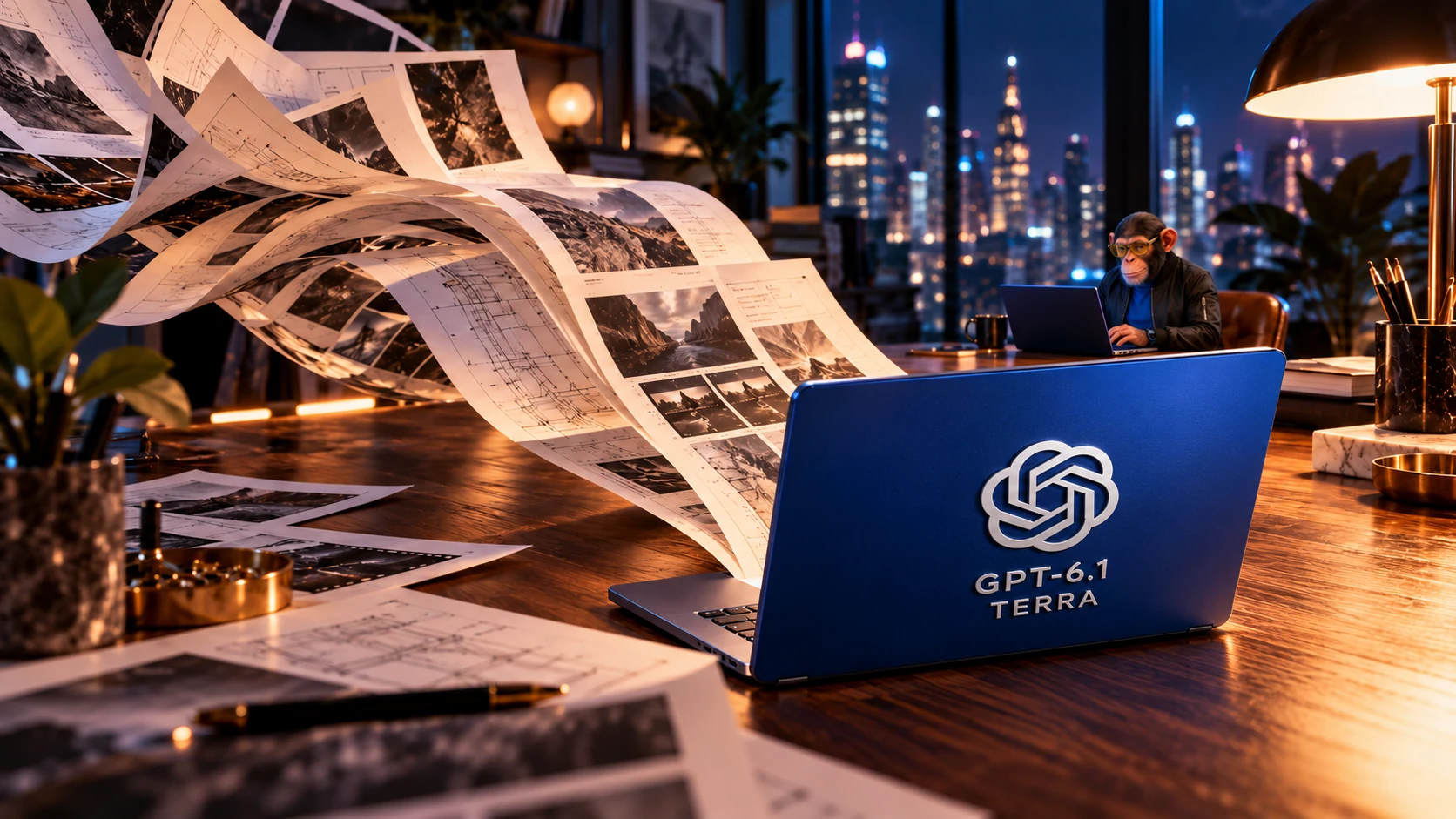 AI-generated editorial illustration of papers flowing behind a blue laptop bearing the ChatGPT logo and GPT-6.1 Terra name, with Choosely Chimp working at another laptop in a nighttime studio. A conceptual scene, not OpenAI hardware.