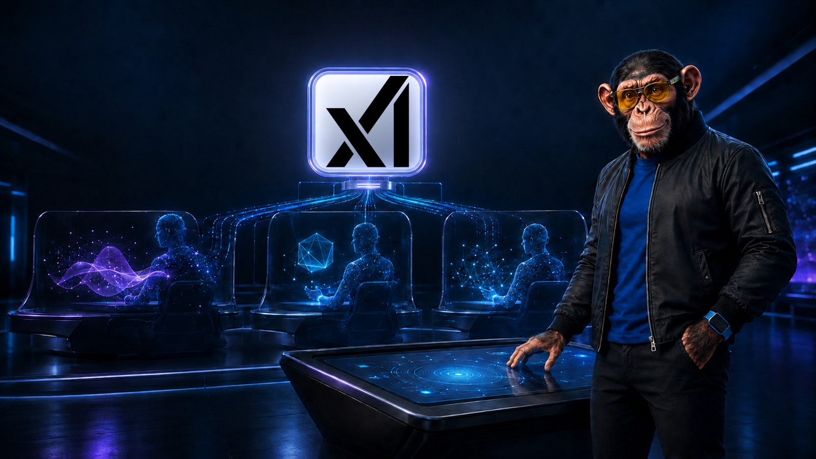 Choosely chimp supervises three Grok Bot agents connected to a central xAI computer core in a dark operations room.