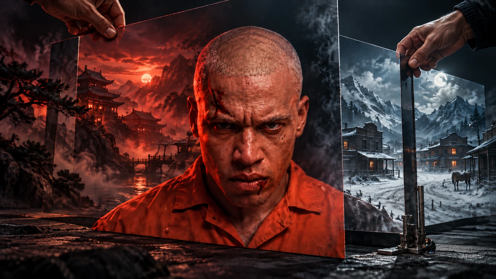 AI-generated conceptual editorial illustration of human hands aligning layered cinematic images around The Arc's orange-clad protagonist, with Japanese and snowy frontier scenery and a tiny Choosely Chimp cameo. A metaphor for human creative direction, not a production photograph or a frame from the series.