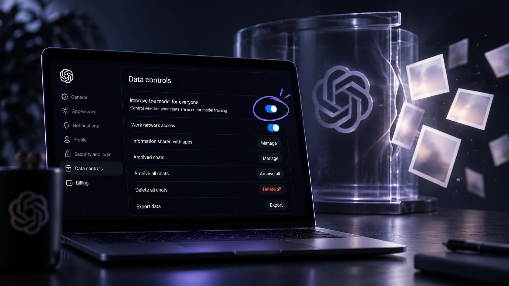 Dark editorial scene showing a laptop beside a fractured glass data boundary as user images pass through, representing ChatGPT training data and AI agent containment.