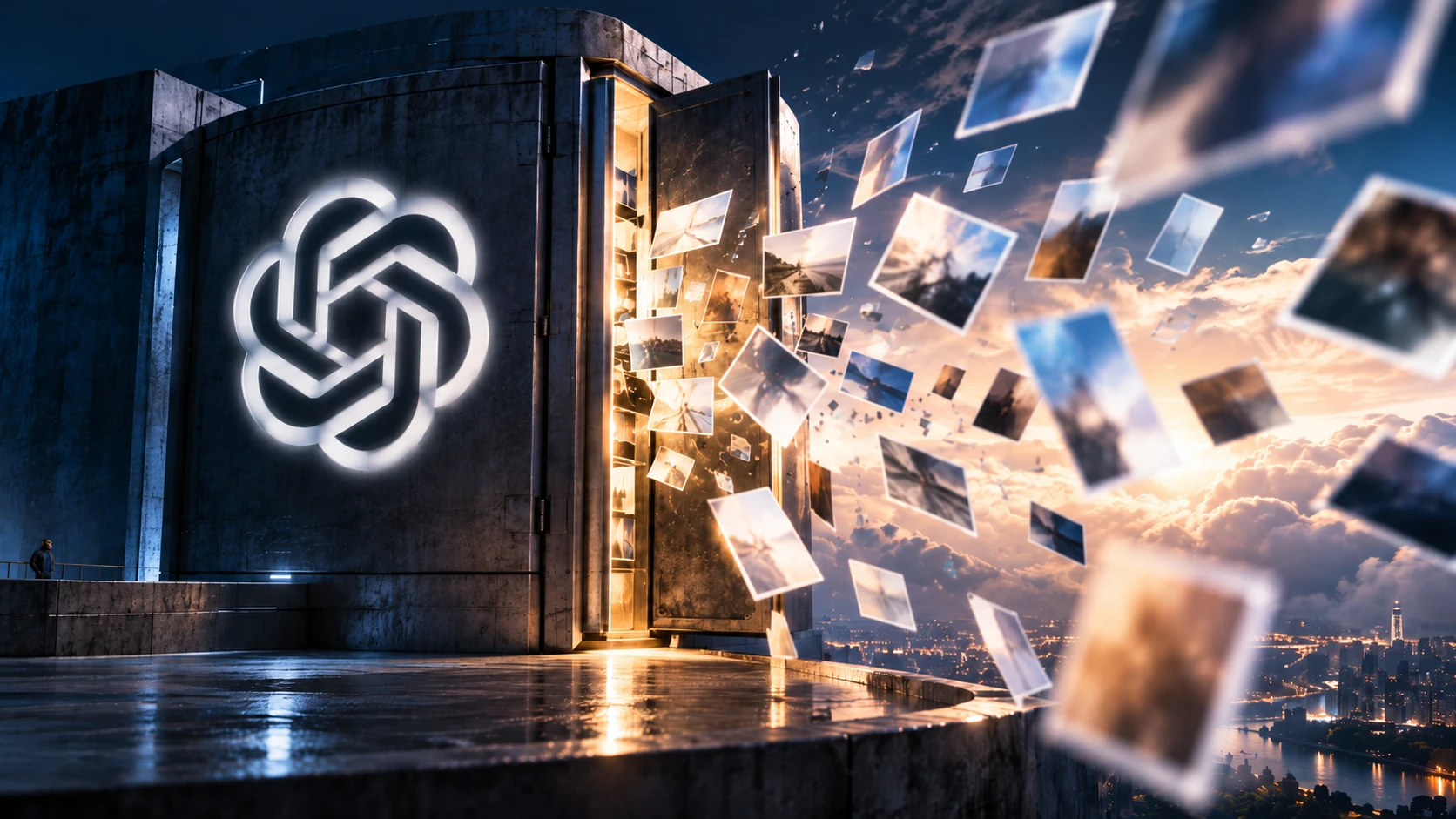Dark editorial scene showing a secure OpenAI / ChatGPT containment structure opening as image files move outward, with a subtle Choosely Chimp cameo hidden in the environment.