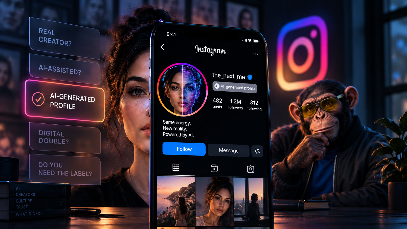 Instagram AI-generated profile label explainer showing a synthetic profile, Instagram interface and Choosely Chimp
