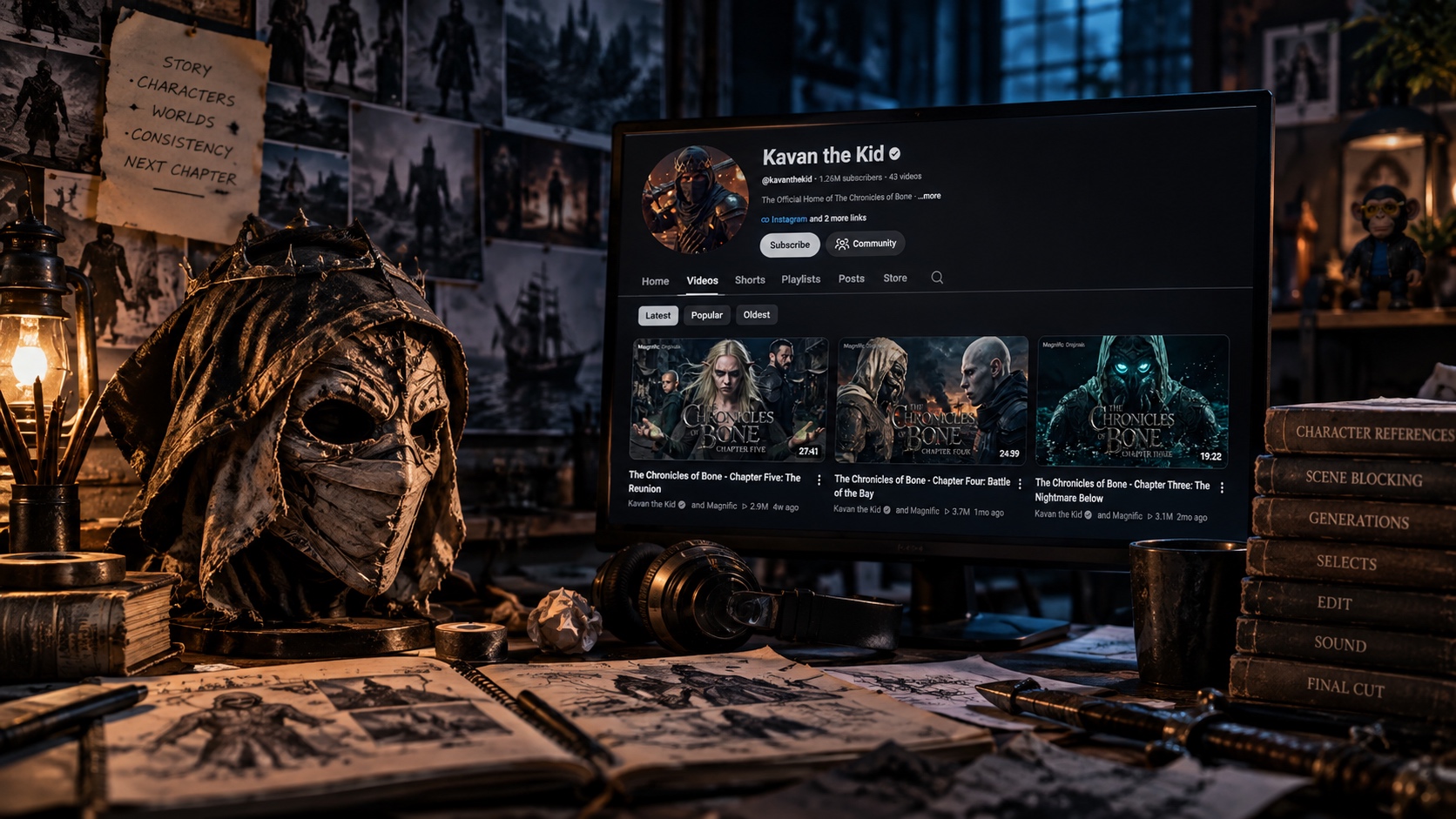 Fantasy filmmaking workspace with a handmade mask, production references and a monitor showing Kavan the Kid's Chronicles of Bone videos.