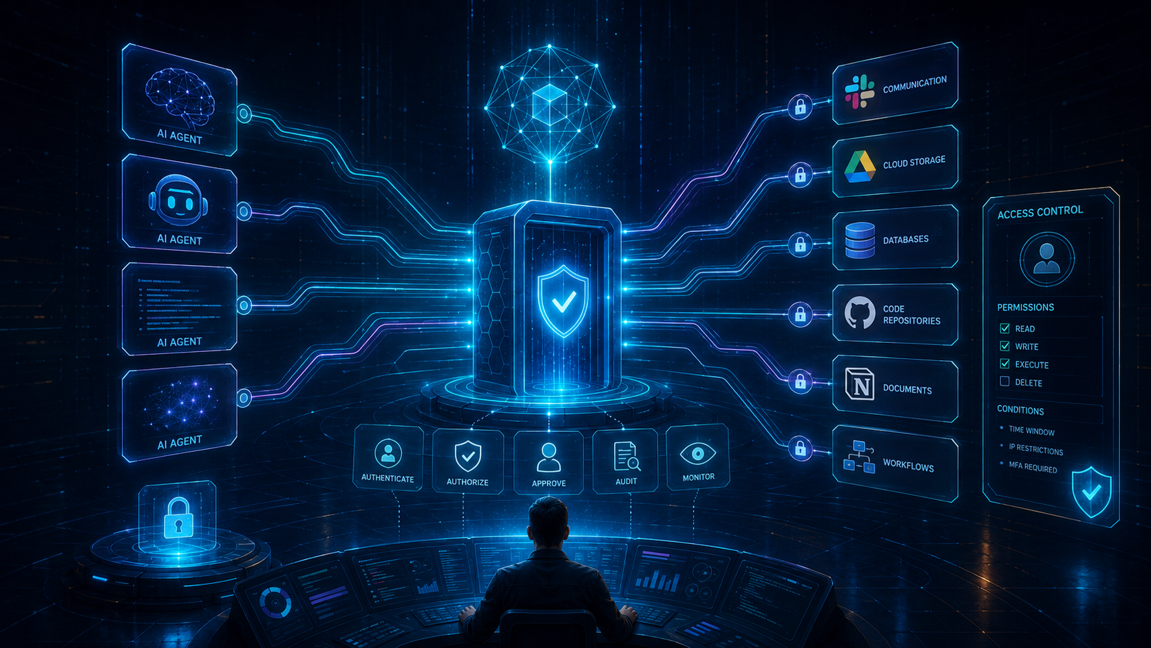 Editorial illustration showing AI agents connecting securely to tools, databases, files and workflows through MCP