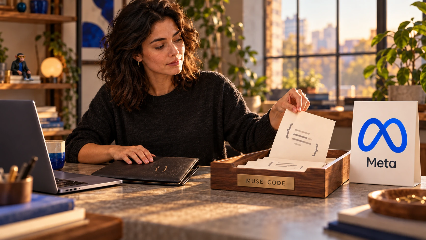 AI-generated editorial illustration of a developer deciding whether to share symbolic code with Muse Code, with Meta’s logo beside a code-sharing tray and a small Choosely Chimp in the background. This is a visual metaphor, not a real Meta interface or event.