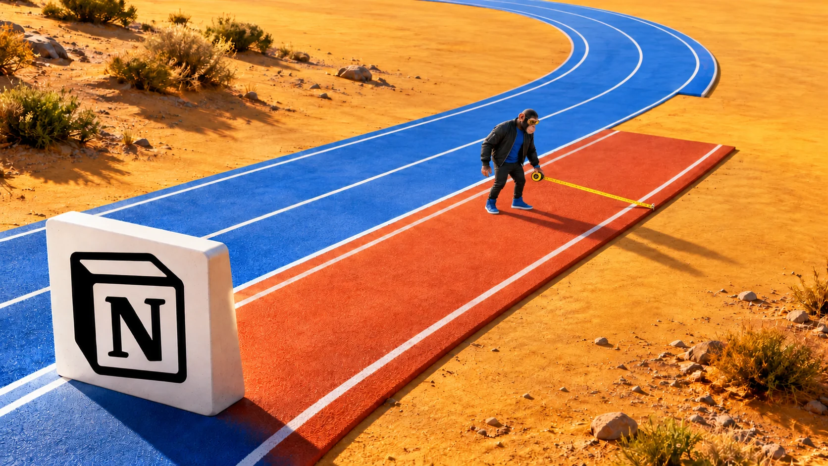 AI-generated editorial illustration of blue and orange running tracks extending different distances across an ochre landscape, a Notion logo marker, and Choosely Chimp measuring the shorter track. A metaphor for how far AI credit allowances last, not a measured usage comparison.