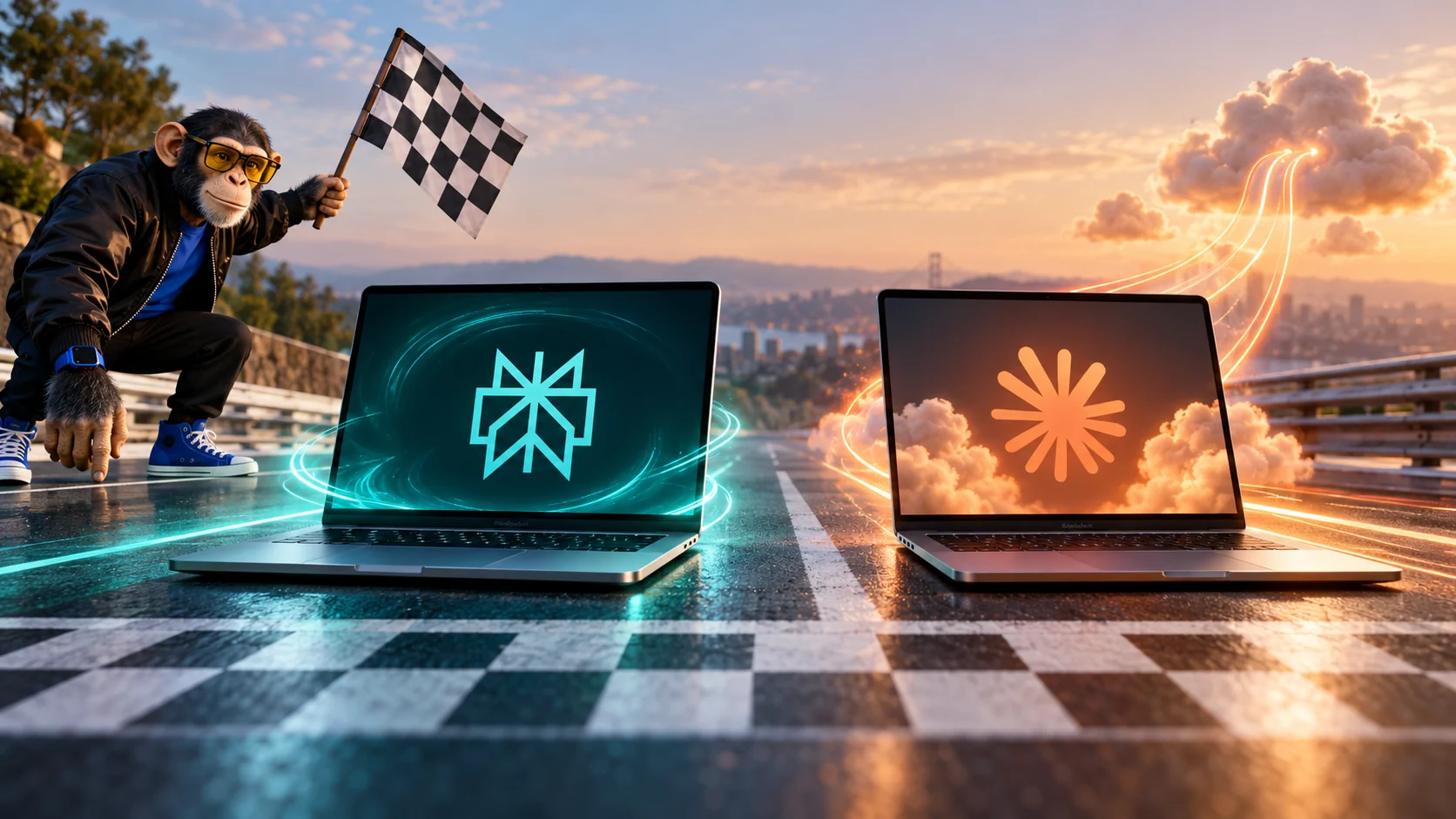 Editorial illustration of Perplexity and Claude laptops at a racing starting line. The Perplexity side has contained teal light, while Claude connects toward an orange cloud. Choosely Chimp in his official black bomber jacket and yellow glasses holds a checkered flag.