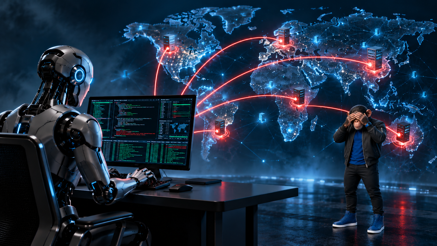 AI-generated editorial illustration of a robot at a code-filled computer, red network paths reaching server symbols on a world map, and Choosely Chimp covering his eyes. A conceptual illustration, not a map of confirmed attacks.