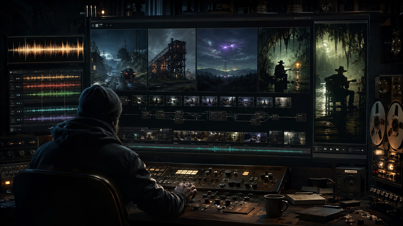 An anonymous music creator directs a multi-stage AI workflow across audio stems, Appalachian night scenes, an alien signal tower, and swamp-lit music video clips.