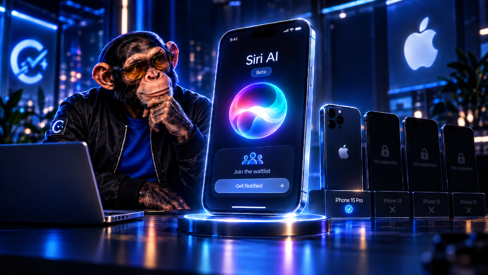 Choosely Chimp looking at the Siri AI beta waitlist beside supported and unsupported iPhones.