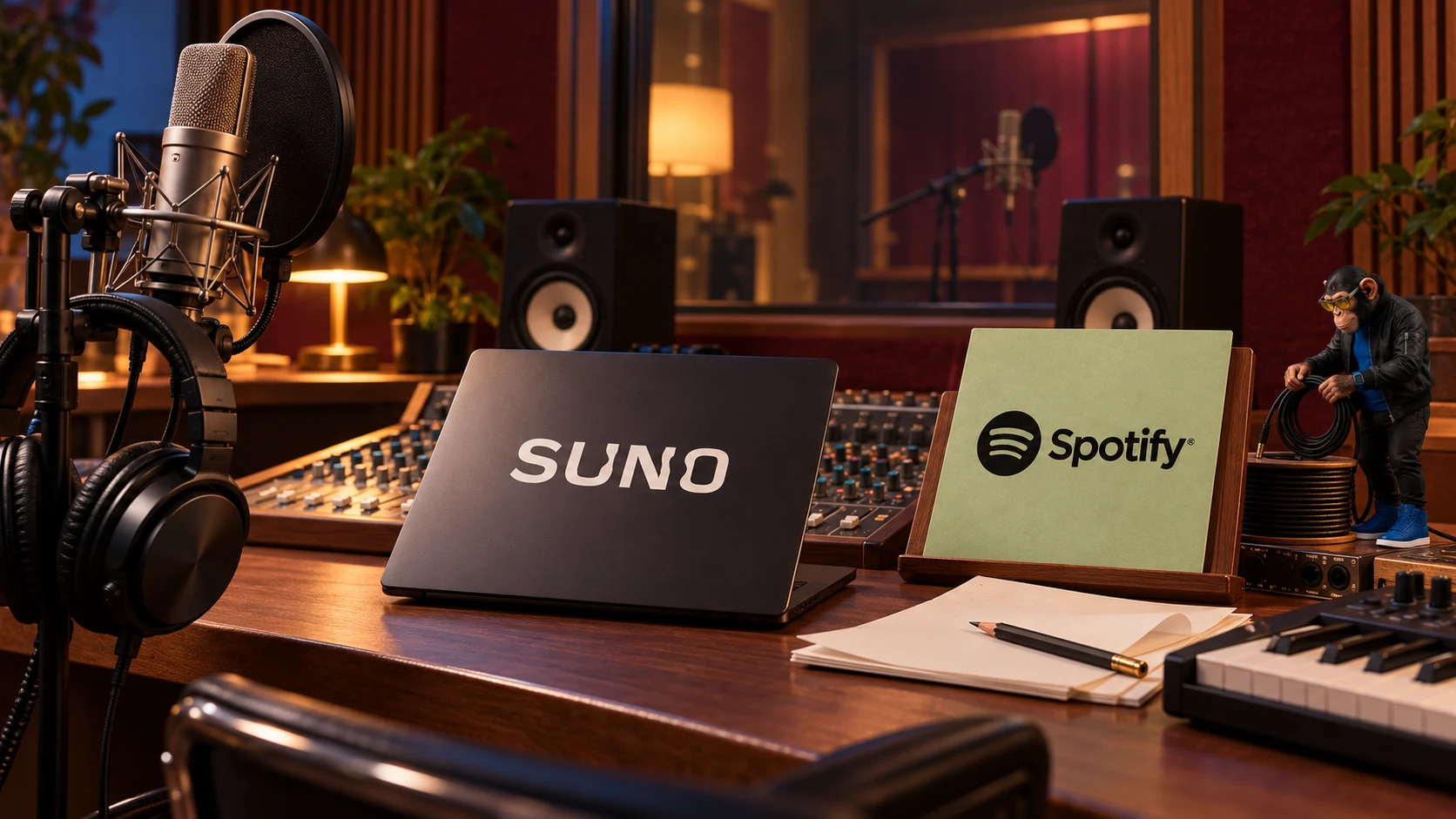 AI-generated editorial illustration of a recording studio with Suno and Spotify logos, release paperwork and a small Choosely Chimp coiling an audio cable.