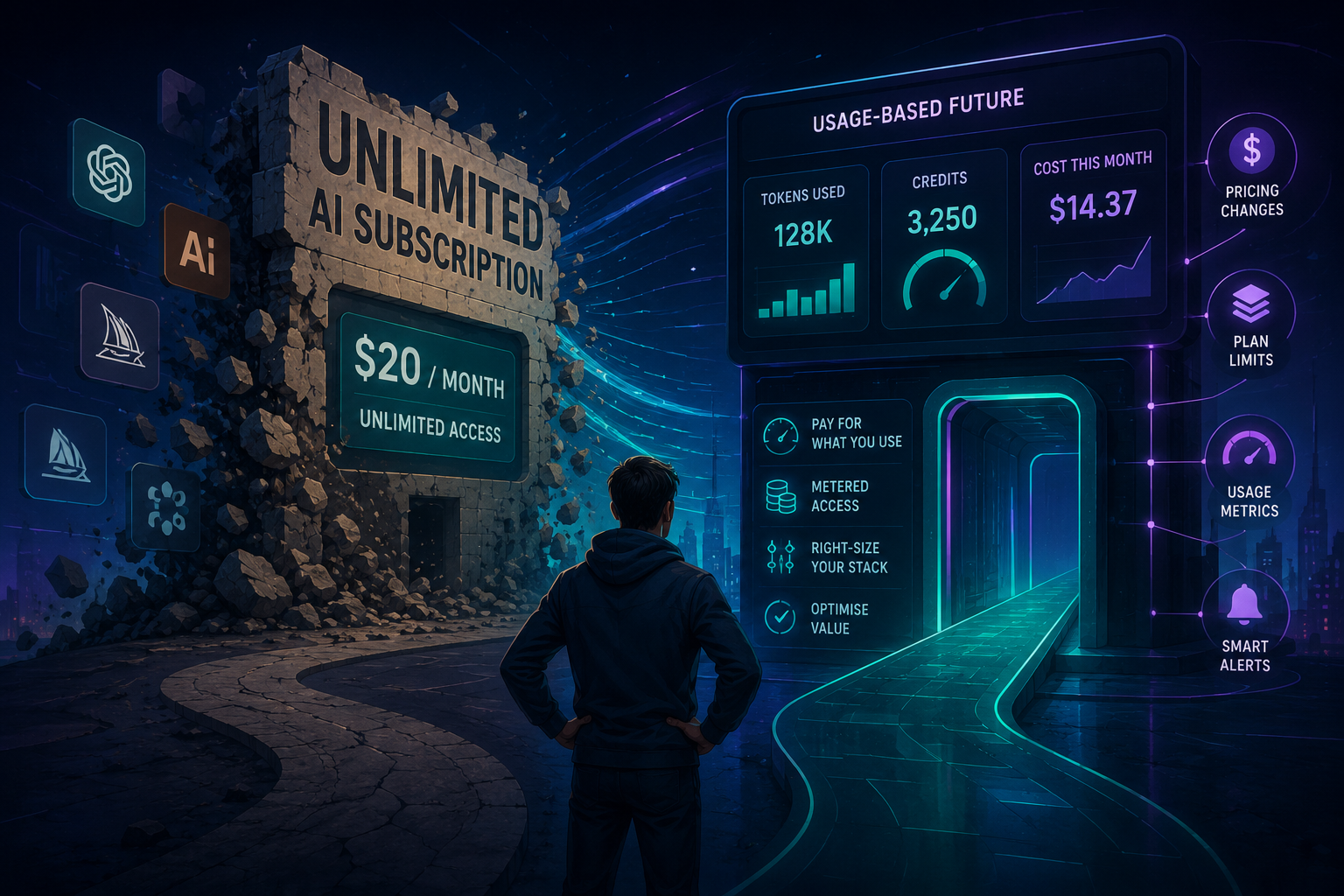 Editorial illustration showing flat AI subscriptions giving way to usage-based pricing and metered access