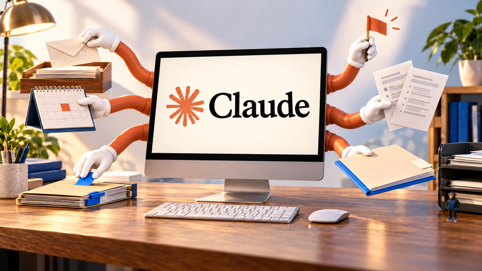 AI-generated editorial illustration of a Claude-branded computer with six arms sorting mail, checking a calendar, preparing paperwork and raising a reminder flag, with a small Choosely Chimp cameo. An assistant metaphor, not a product screenshot.