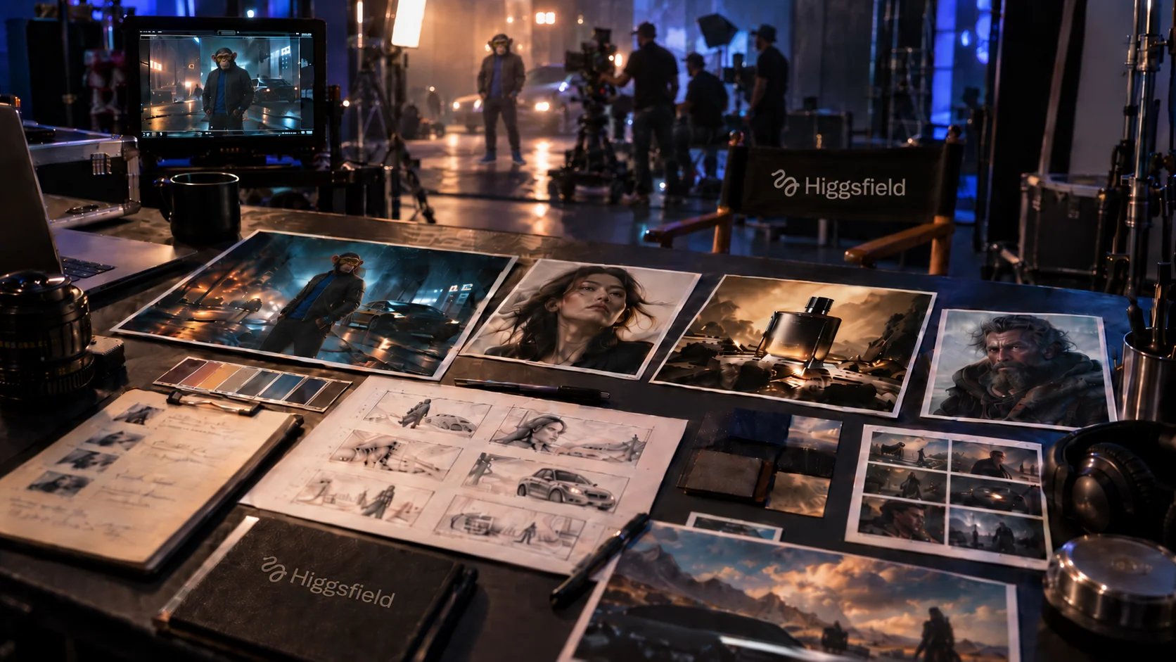 A cinematic creative-production studio with Higgsfield-branded director materials, multiple visual-production assets and the Choosely Chimp being filmed on set, illustrating Higgsfield as a multi-model creative-production platform.