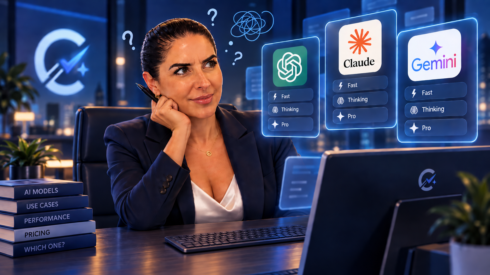 Illustration of a user choosing between ChatGPT, Claude and Gemini model modes at a computer.