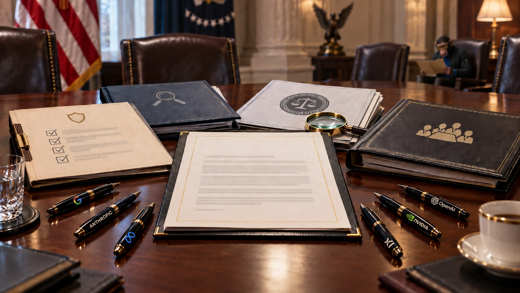 A formal governance agreement surrounded by oversight folders and six AI-company-branded pens on a Washington-style boardroom table, with Choosely Chimp subtly reviewing papers in the background.