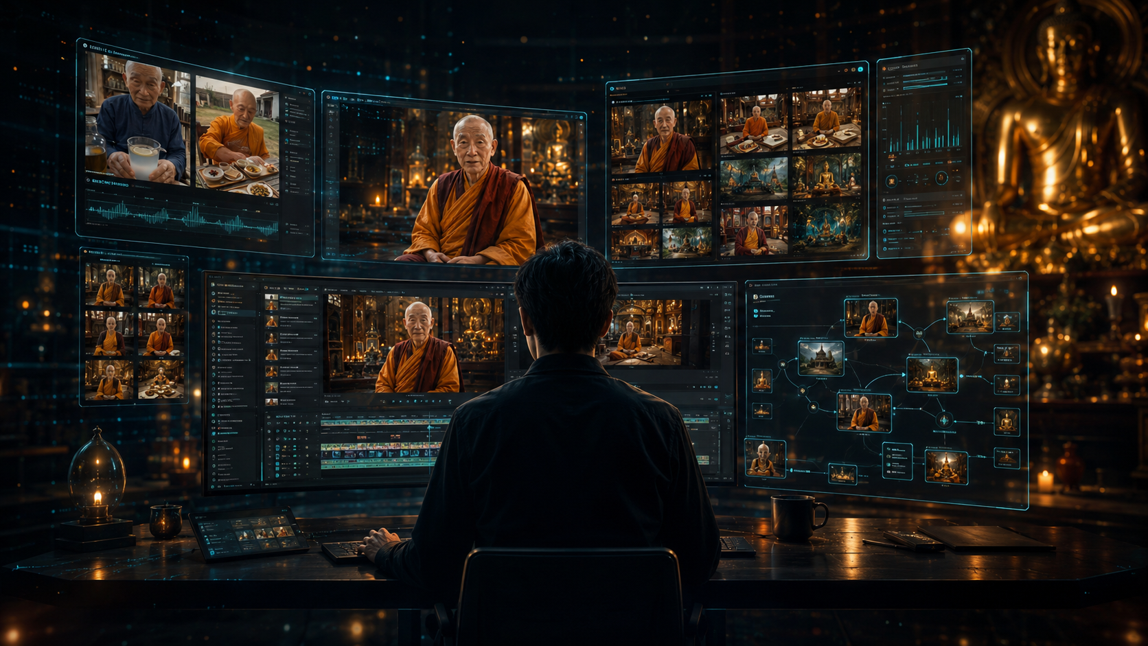 An anonymous creator works from behind at a wall of screens showing the production workflow for a synthetic elderly monk character.